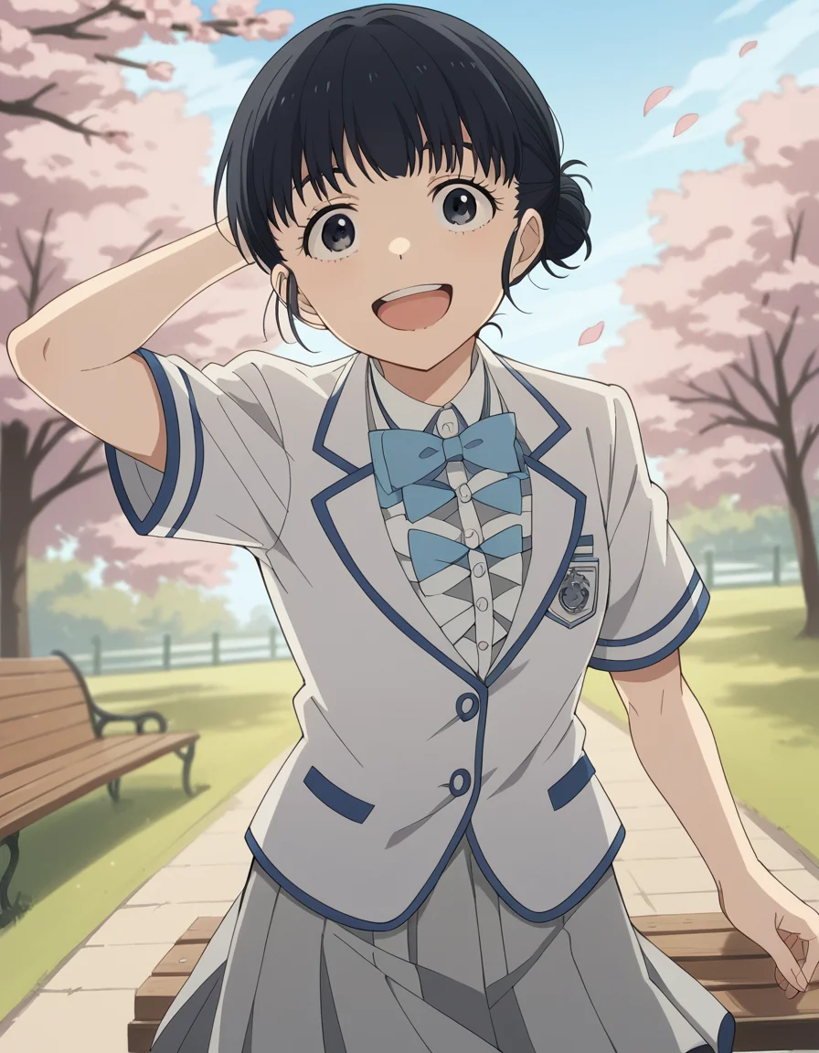score_9, score_8_up, score_7_up, source_anime, <lora:tiara-basori-s1-ponyxl-lora-nochekaiser:1>, tiara basori, bangs, black hair, hair bun, black eyes, single hair bun,, skirt, shirt, bow, school uniform, white shirt, short sleeves, grey skirt, pleated skirt, bowtie, blue bowtie, blue bow, blazer,, park, cherry blossoms, bench, gentle breeze, peaceful, running, open mouth,, smile, looking at viewer, hand behind head, , solo,, cowboy shot, dutch angle