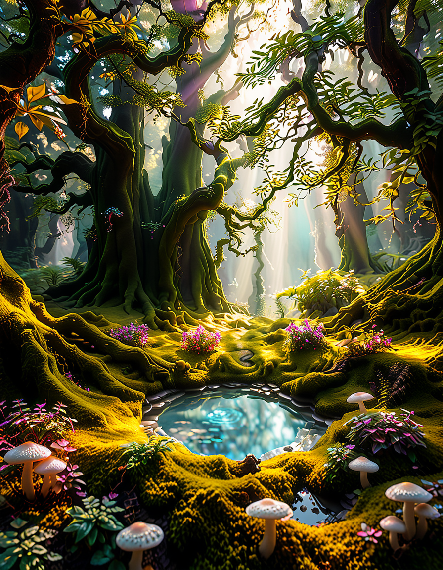 A magical, enchanted forest,3nch4nt3d f0r3st bathed in soft, ethereal light. Towering ancient trees with twisted, gnarled branches stretch towards the sky, their leaves glowing faintly with bioluminescent hues of green and blue. The forest floor is lush with vibrant moss and scattered with luminous mushrooms of various colorsâpink, purple, and orangeâthat emit a soft, otherworldly glow. Golden and purple light filters through the dense canopy above, casting dappled patterns on the ground.
In the heart of the scene, a small, glowing orb hovers just above the moss, radiating warmth and subtle sparkles. Fireflies drift lazily through the air, leaving faint trails of light behind them. The atmosphere feels mystical and serene, as if this forest is alive with ancient magic. The overall lighting is dreamy, with a harmonious blend of soft pink, purple, and green tones that enhance the enchanted quality of the scene..<lora:SDXLFaeTastic2400:0.4> <lora:extremely_detailed:0.4> extremely detailed, <lora:3nch4nt3d_f0r3st:1>, Masterpiece,best quality,hi res,8k,hi res,8k,award winning,(sharp focus, intricate, highly detailed),