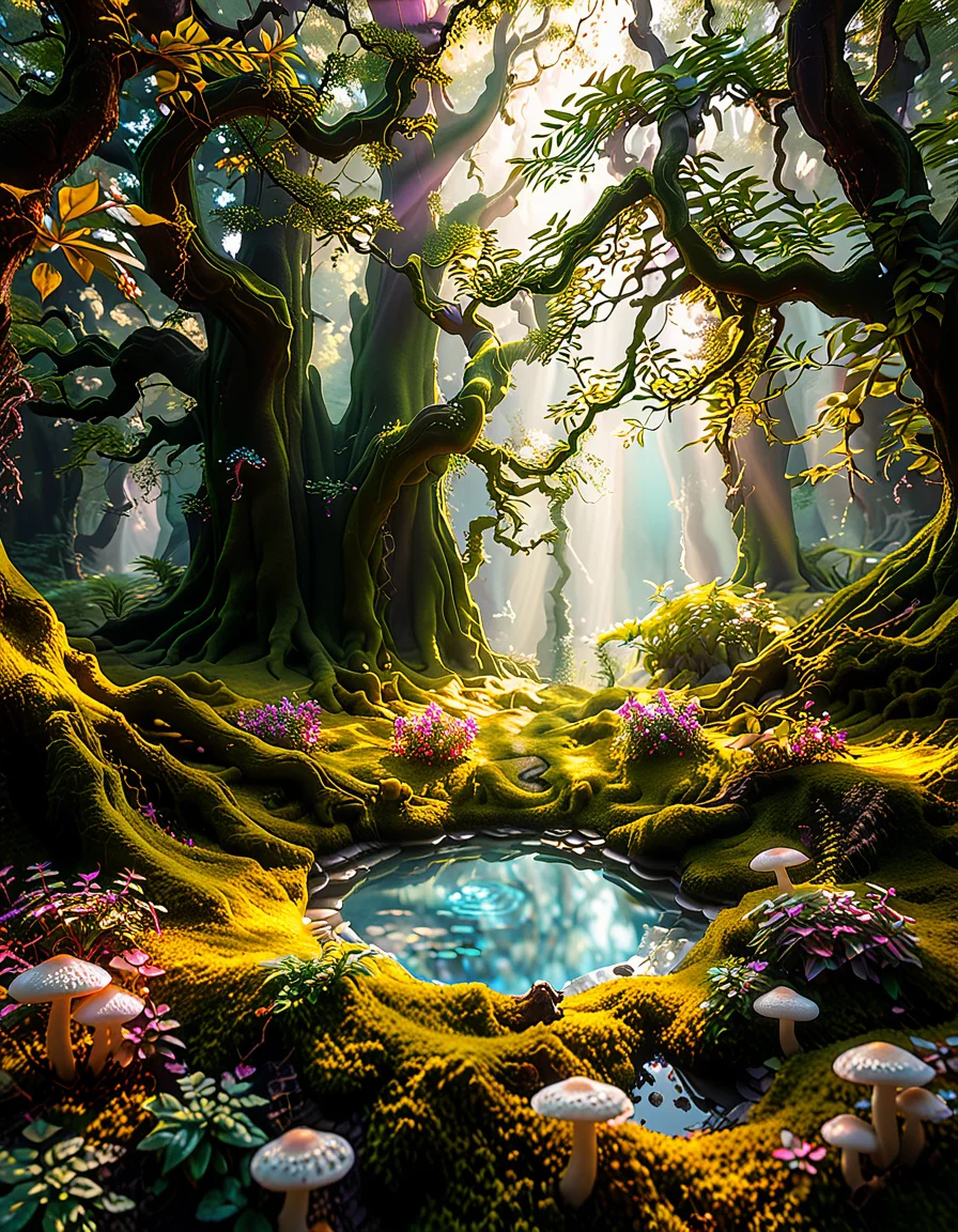 A magical, enchanted forest,3nch4nt3d f0r3st bathed in soft, ethereal light. Towering ancient trees with twisted, gnarled branches stretch towards the sky, their leaves glowing faintly with bioluminescent hues of green and blue. The forest floor is lush with vibrant moss and scattered with luminous mushrooms of various colorsâpink, purple, and orangeâthat emit a soft, otherworldly glow. Golden and purple light filters through the dense canopy above, casting dappled patterns on the ground.
In the heart of the scene, a small, glowing orb hovers just above the moss, radiating warmth and subtle sparkles. Fireflies drift lazily through the air, leaving faint trails of light behind them. The atmosphere feels mystical and serene, as if this forest is alive with ancient magic. The overall lighting is dreamy, with a harmonious blend of soft pink, purple, and green tones that enhance the enchanted quality of the scene..<lora:SDXLFaeTastic2400:0.4> <lora:extremely_detailed:0.4> extremely detailed, <lora:3nch4nt3d_f0r3st:1>, Masterpiece,best quality,hi res,8k,hi res,8k,award winning,(sharp focus, intricate, highly detailed),