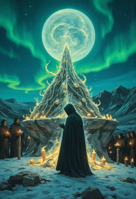 A glowing monolithic stone pulsates with spectral light in the middle of a desolate snowy field, surrounded by cloaked figures chanting in an ancient, guttural tongue, their cloaks embroidered with intricate frost runes that shimmer in the moonlight, frostfire candles cast flickering shadows of writhing creatures across the snow, above, the aurora weaves unnaturally, shifting as though alive, the atmosphere is haunting yet vibrant, reminiscent of the dramatic light and shadow contrasts of Gustave Doré, with ethereal blues and greens layered against the stark white of snow and deep blacks of shadowy figures.
, Vibrant, grotesque, and surreal with bold contrasts, heavy black outlines, and a blend of dreamlike autumnal hues; a mix of neon, retro, and pagan elements, inspired by Sean Aaberg’s punk-infused, chaotic energy and dreamcore's eerie, nostalgic undertones