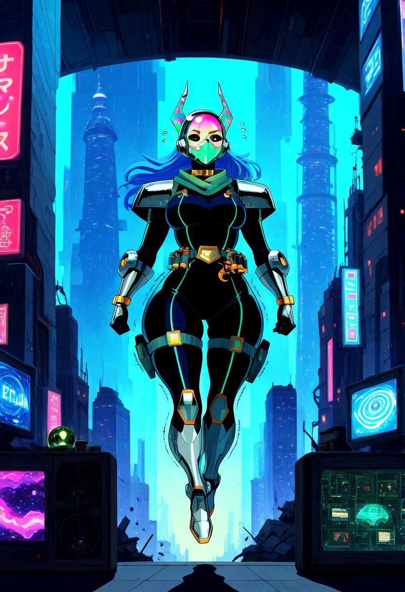 score_9,score_8_up,score_7_up,score_6_up,score_5_up,1girl, front_view,symmetrical,dark blue bodysuit,gun made of gear, curvy,source_anime,my hero academia,nejire hado,emerald green bracalets,spiral bracalets,silver gauntlets,silver boots, print blue bodysuit,sci-fi,cyberpunk,city,rooftop,skyscrapers, electric towers,floating,flying rocks,falling rocks,(soda cans), destroyed machines,cables,flying TV,multicolored silver and green (helmet),straps,print sutures,spiral horns,gold choker, holding green orb,gun case,(bullet belt),(orbs:1.4),pale skin,(green scarf),(bandana mask),(armored shoulders),armored breastplate,(neon lights),(print neon lines),(wide hips),thick thighs,thick legs,(hand signs),(perfect hands),rings,(motion lines:1.4),(sweat),(huracane),(??),(trembling lines:1.4),(flying sweatdrops:1.4),illustration,(black outline),(black sclera:1.4), masterpiece,best quality,newest,source_game,(best shadow), highly detailed background,very detailed skin,very detailed clothes,covered in spikes and silver circuit wire,wings,flying over the city,blue orb,CosmicStyle,cosmic dust storms in the distance,Space heist,high tech gadgets,Alien thieves,Robotic security,holographic maps,glowing neon lights,galactic vault, galactic museum,futuristic technology,sleek spacesuits,lights and shadows,high stakes,high contrast,cyberpunk,(long hair), holograms,glowing orbs,Intergalactic artifacts,control panels, steel surfaces,reflective visors,security systems,shimmering stars,space setting,robot