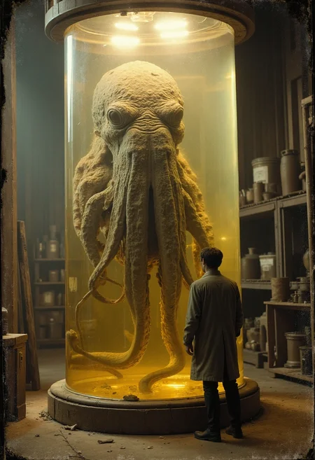 antique photograph of wet sample of a giant cthulhu floating in a giant cylindrical glass vat with yellowish liquid, with a beard pf tentacles. A scientist in a labcoat is standing before it, looking very small in comparison. Very decomposed, flaky grey skin. Very detailed, creepy atmosphere, dim light in an 1900 warehouse, analogue film grain, sepia tint, vignettes <lora:wet_sample-000129:1>