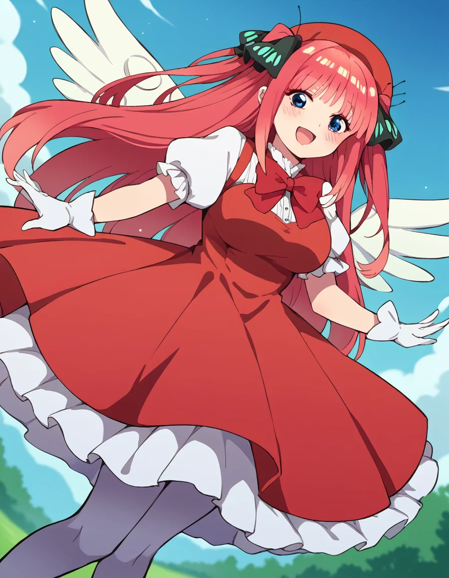 score_9, score_8_up, score_7_up, source_anime, <lora:nnakano-s2-ponyxl-lora-nochekaiser:1>, long hair, bangs, blue eyes, hair ornament, hair ribbon, pink hair, blunt bangs, two side up, butterfly hair ornament, mature female, large breasts,, <lora:sakura-kinomoto-cosplay-ponyxl-lora-nochekaiser:1>, sakurakinomotocosplay, kinomoto sakura \(cosplay\), bow, bowtie, dress, gloves, hat, magical girl, pantyhose, petticoat, ppuffy short sleeves, puffy sleeves, red bow, red bowtie, red dress, red hat, short sleeves, white gloves, white pantyhose, white wings, wings,, outdoors, open mouth, blush, smile, flying,, cowboy shot, dutch angle, solo,