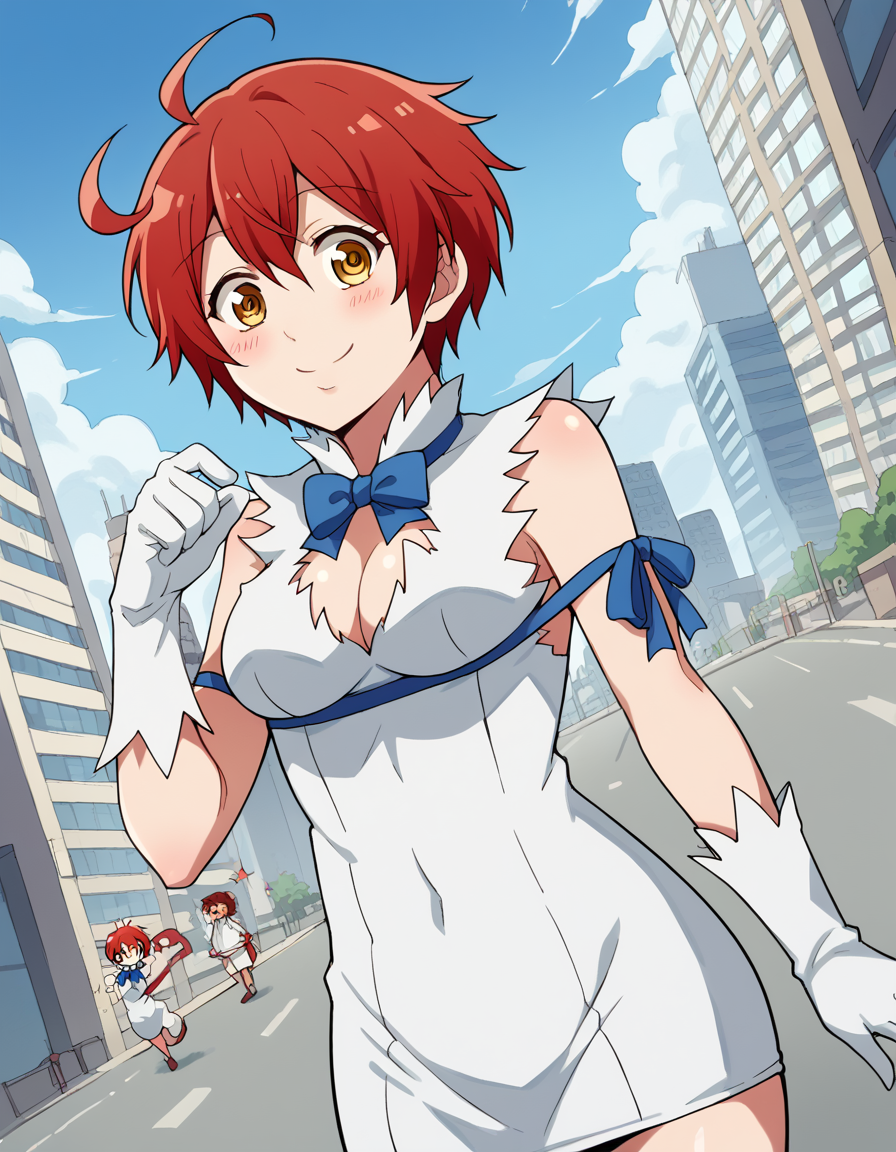 score_9, score_8_up, score_7_up, source_anime, <lora:red-blood-cell-ae3803-s1-ponyxl-lora-nochekaiser:1>, red blood cell ae3803, short hair, hair between eyes, yellow eyes, ahoge, red hair,, <lora:hestia-cosplay-ponyxl-lora-nochekaiser:1>, hestiacosplay, hestia (danmachi) (cosplay), blue bow, blue bowtie, bow, bowtie, cleavage, cleavage cutout, clothing cutout, dress, gloves, pencil dress, rei no himo, short dress, white dress, white gloves, blue ribbon, arm ribbon,, outdoors, cityscape, street, smile, blush, , cowboy shot, dutch angle