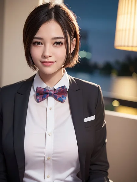 (((bowtie shirt, business attire))), (8k, best quality, masterpiece:1.2), (realistic, photo-realistic:1.37), ultra-detailed, 1girl, solo, beautiful, detailed sky, detailed skin, night, sitting, dating,(nose blush),(smile:1.15), (medium breasts), beautiful detailed eyes, (collared shirt:1.2), night, rain, (short hair:1.2), <lora:zyd232_ChineseGirl_v1.6:0.5>