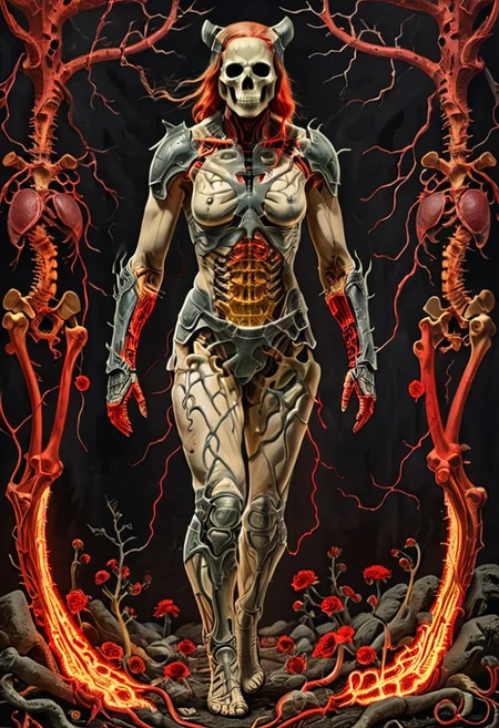 human anatomy cross-sections layers, skin peeled revealing female doom slayer blood petals musculature, femalebonedemon
lush scarlet red hellscape, hellfire, fiery organ systems, demonic neural network harsh spikes composing bone structures, intricately detailed vascular vegetal networks, intertwining roots vine musculature, vibrant jewel-toned black spikes pistils stamens bloodied viscera, verdant emerald moss creeping skin textures, life sprouting from earthy interior, Doomguy(female) soviet poster, all written in soviet style posters, bust, upper body, focused on face, staring at the camera, smirk