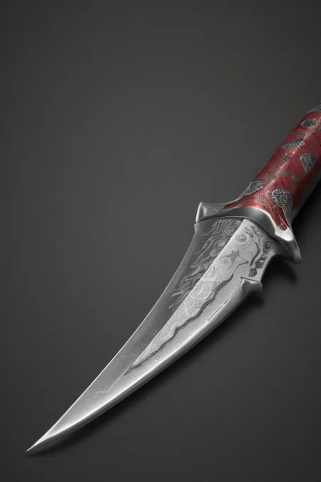 A stunningly realistic and brutal photo of a demonic sword, featuring a long, sleek black metal blade that reflects light.
The double-edged, full tang blade is sharp and deadly.
The handle, made of black material, showcases intricate demonic patterns and stripes.
A ruby adorns the center, adding a pop of red to the sinister design.
The dagger is depicted alone, with no humans or other objects in the image, allowing the viewer to fully appreciate its menacing beauty.
photo, product