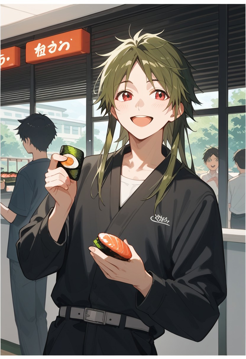 score_9, score_8_up, score_7_up, source_anime, rating_safe, camera filter border, holding sushi, IthnanMAGI, (dark green_Ithnan_hair), red eyes, 1boy, male focus, casual clothes, looking at another, open mouth, smile, hands with five fingers, indoor sushi restaurant, solo focus, cute wallpaper, happy-cheery, realistic shading,