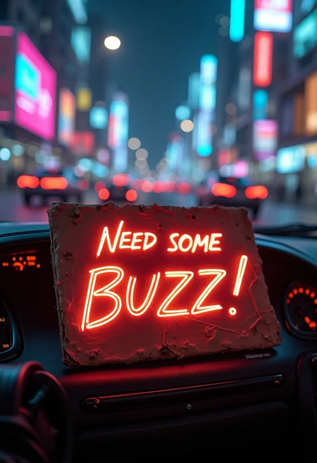 A futuristic cyberpunk-style beggar dashboard with neon lights and holographic elements. A worn-out cardboard sign displays the glowing text: "Need some Buzz!" in a bold, graffiti-style font. The background features a bustling cityscape with flying cars and digital billboards. Dramatic lighting, high contrast, ultra-detailed, cinematic depth, 4K, highly immersive composition.