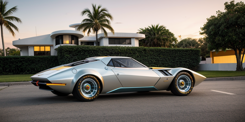 Bertone wedge style , concept art, a futuristic chrome and steel 6 wheeled car , pop up headlights and concave rims, white and gold stripes retrofuturism, 1970s , miami sunset, in front of an art deco house , neon, background is aqua ,photorealistic , leica summilux , fuji velvia