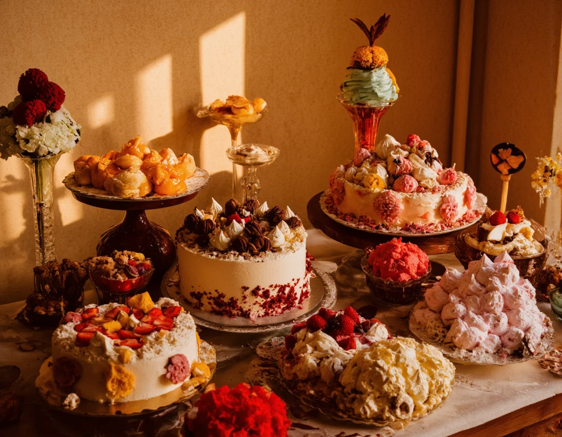<lora:{yummy, }yummy-000019:0.85> yummy, A stunning, photorealistic image of a colorful and enticing dessert table, set against a warm, golden-lit background, with an array of beautifully decorated cakes and an assortment of creamy ice creams. The cakes, with moist, fluffy textures and intricate designs, are adorned with delicate frosting patterns, fresh fruits, and edible flowers, showcasing a variety of flavors and styles, from classic vanilla and chocolate to vibrant red velvet and carrot cake. The ice creams, scooped into crisp, wafer cones or served in delicate, crystal glasses, feature an assortment of flavors, including rich, dark chocolate, sweet, pastel-colored strawberry, and creamy, sunshine-yellow lemon. The lighting is soft and natural, with a warm, golden glow that accentuates the textures and colors of the desserts, casting subtle shadows that add depth and dimension to the scene. The atmosphere is cozy and inviting, with a hint of elegance and sophistication, as if the desserts are being showcased in a luxurious, high-end bakery or cafe. The shot is a wide-angle, slightly overhead view, allowing the viewer to take in the entire dessert table and appreciate the variety and beauty of the cakes and ice creams. The image features a high level of detail and realism, with crisp, sharp textures and vibrant, true-to-life colors, as if the desserts are about to be served. The overall mood is one of indulgence and delight, inviting the viewer to step into the warm, comforting world of sweet treats and decadent desserts, in 4k resolution. 8k highest resolution with sharp intricate details. Hyperrealistic, detailed, and vivid. . 35mm photograph, film, bokeh, professional, 4k, highly detailed