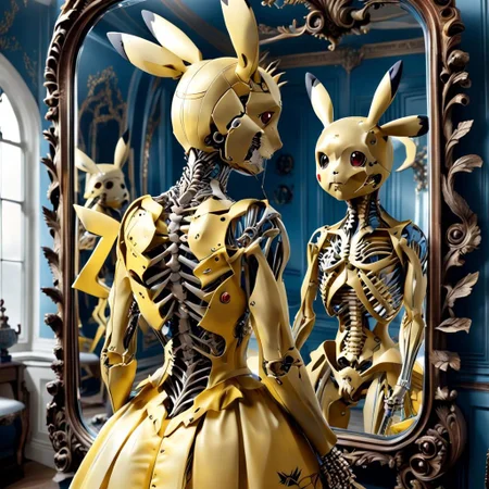 [pikachu mirror reflection : [pikachu |, intricate skeletal body :10]
BREAK
, from behind, looking into a mirror  <lora:GeorgianStyle:1> GeorgianStyle