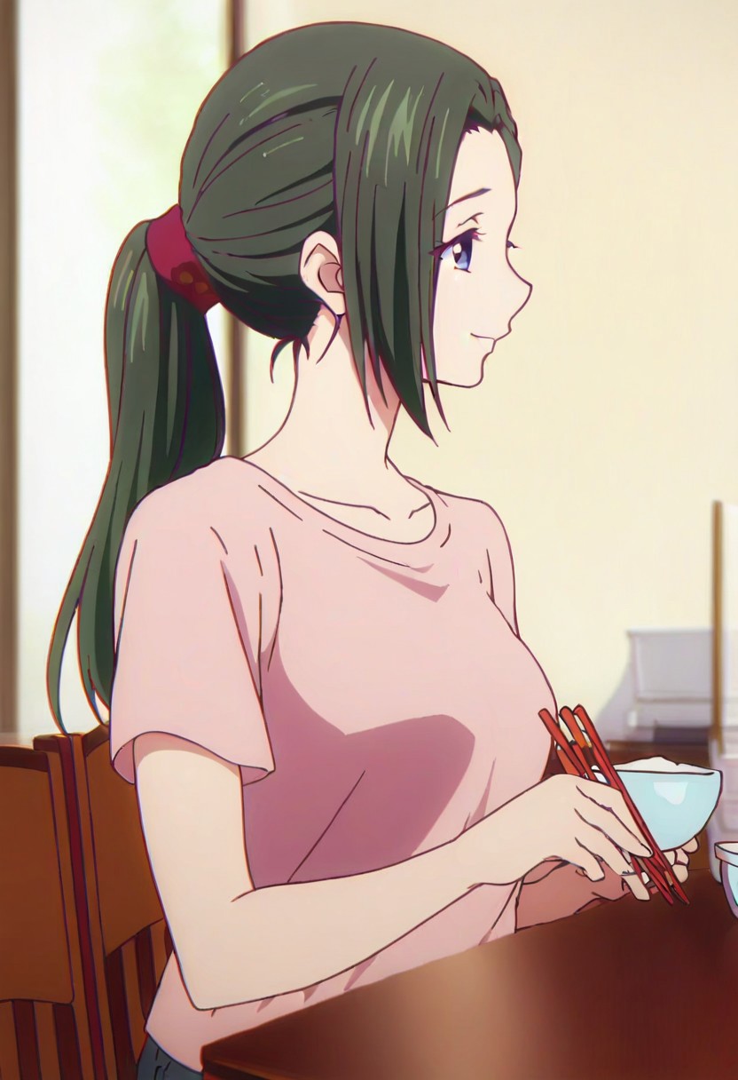 score_9, score_8_up, score_7_up, source_anime BREAK, 1girl, haruhikosm, solo, chopsticks, ponytail, long hair, sitting, bowl, shirt, green hair, holding chopsticks, holding, indoors, table, pink shirt, short sleeves, scrunchie, chair, smile