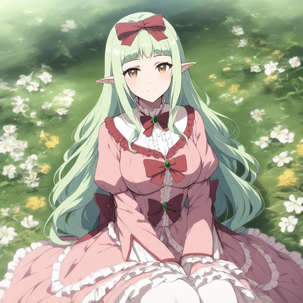 masterpiece,high score,great score,absurdres,solo,looking at viewer,dress,<lora:Flora ag4o v1:1> flora, green hair, long hair, pointy ears, brown eyes,