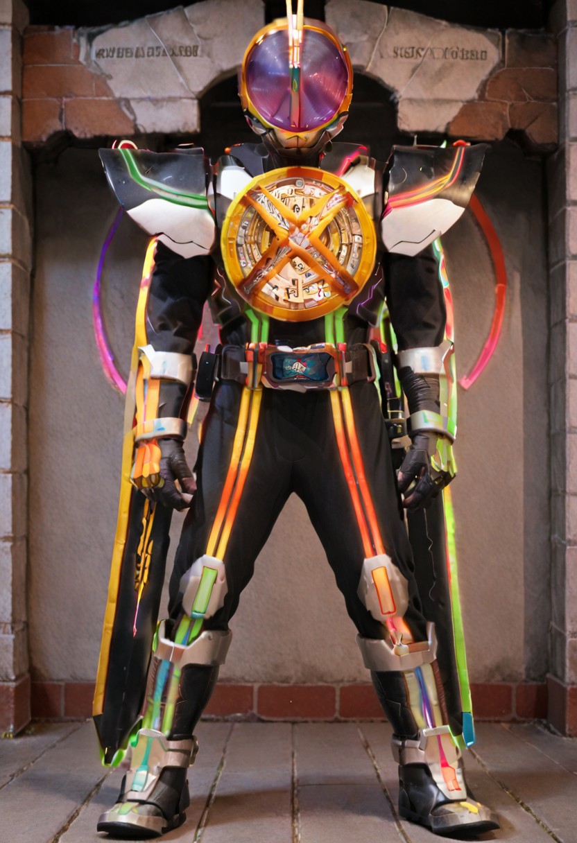score_9, score_8, score_7, solo, armor, tokusatsu, bodysuit, helmet, rider belt, single horn, standing, 1boy, weapon, white trim, neon trim, silver armor, yellow trim, full body, purple eyes, open hands, arms at sides, antennae, rainbow trim, holding sword, grey armor, gloves, black bodysuit, sword