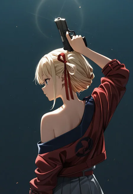 masterpiece, newest, absurdres, incredibly absurdres, best quality, amazing quality, very aesthetic, Chisato Nishikigi \(lycoris recoil\),
From behind ,profile,  extended arm, holding handgun, arm up, bare shoulder, upper body, looking side, cinematic lighting, hair ribbon , simple background, white gradients background