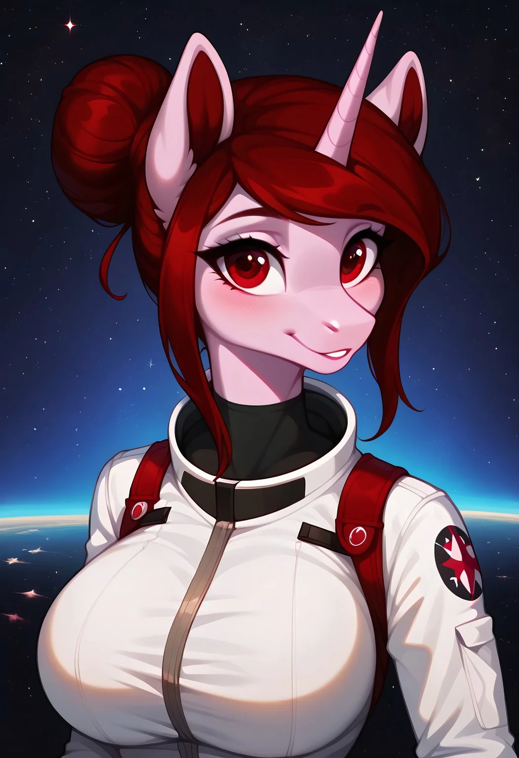 safe_pos, safe_pos, masterpiece, score_9_up, score_8_up, score_7_up, score_6_up, source_furry, (best quality:1.1), ultra-detailed, high resolution, solo, Rosa Maledicta, (Queen of Blood), unicorn, anthro pony, female, (((beautiful detailed red eyes))), long eyelashes, eyebrows, fluffy pony ears, horn, pale pink skin, dark red mane, hair bun, huge breast, (beautiful detailed eyes), astronaut suit, ((space)), starry background, cute, detailed, vibrant colors, high detail, serene, Expressiveh, detailed background, OverallDetail, zPDXL3