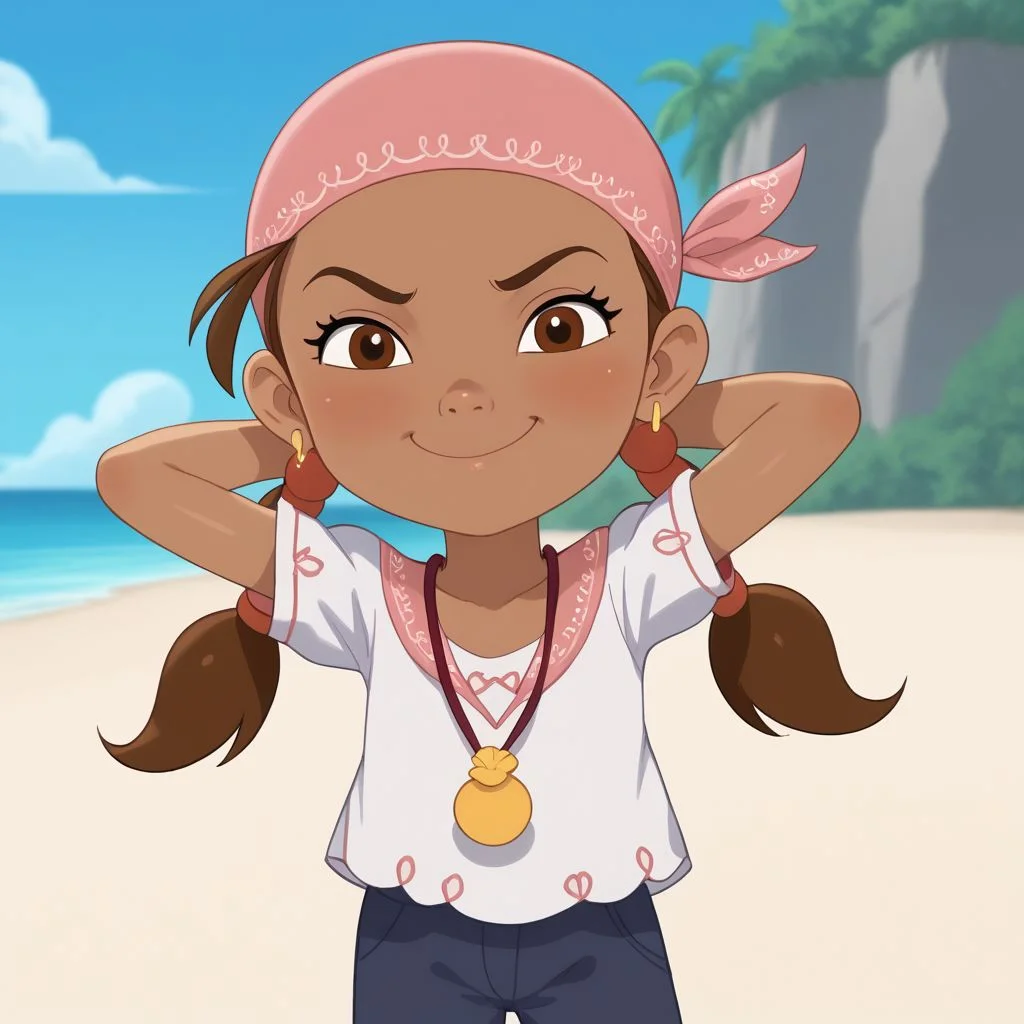 score_9, score_8, score_7, BREAK, 1girl, female child, solo, dark skin, brown hair, brown eyes, twintails, bandana, earrings, hands behind head, smirking at viewer, beach,