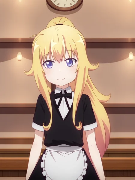 GabT, GabMaid, long hair, blue eyes, skirt, blonde hair, shirt, purple eyes, ponytail, ahoge, short sleeves, apron, waist apron, waitress, <lora:Doom PonyXL Gabriel White Tenma:1>,
1girl, solo, looking at viewer, smile,