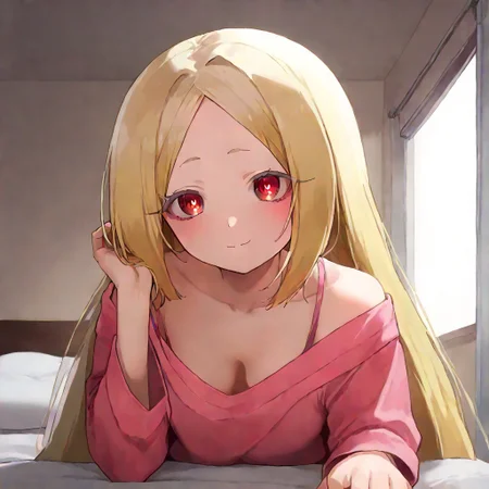 score_9, score_8_up, score_7_up, source_anime, 1girl, breasts, smile, solo, looking at viewer, shirt, indoors, off shoulder, cleavage, blush, pillow, closed mouth, on bed, collarbone, long sleeves, bed, pink shirt, single bare shoulder, bedroom, loose clothes, hand up, futon, bare shoulders, FlassoStyle, morino korisu, long hair, blonde hair, red eyes, very long hair, bright pupils, small breasts