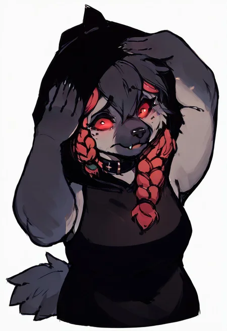 score_9, score_8_up, score_7_up, score_6_up, anthro, face shot, anthropomorphic black hyena, chubby, female, black collar, 1girl, black fur, (braid:1.3), red eyes, (black hood:1.3), black sleeveless,  black work pants, bleh meme, hands on own head
