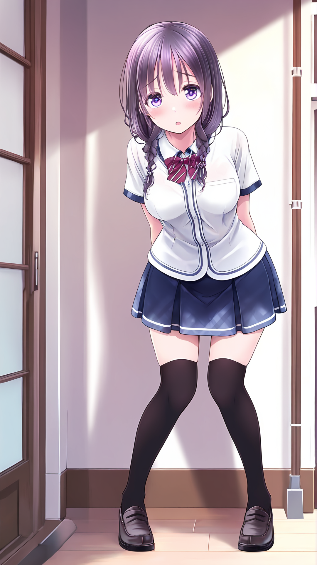 amazing quality,absurdres,best quality,masterpiece,highres,newest,detailed,detailed body,detailed face,masterpiece,best quality,solo,
å¹¸ä¹åè¼©ã¯åã®ãããªã,1girl,solo,school uniform,blue skirt,pleated skirt,short sleeves,black thighhighs,zettai ryouiki,loafers,,twin braids,long hair,hair over shoulder,purple eyes,<lora:å¹¸ä¹åè¼©ã¯åã®ãããªã:0.8>,