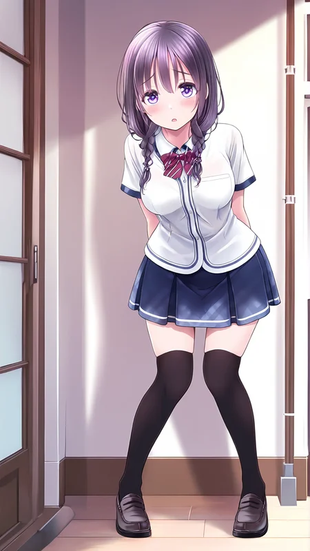 amazing quality,absurdres,best quality,masterpiece,highres,newest,detailed,detailed body,detailed face,masterpiece,best quality,solo,
幸ä¹å
輩ã¯åã®ãããªã,1girl,solo,school uniform,blue skirt,pleated skirt,short sleeves,black thighhighs,zettai ryouiki,loafers,,twin braids,long hair,hair over shoulder,purple eyes,<lora:幸ä¹å
輩ã¯åã®ãããªã:0.8>,