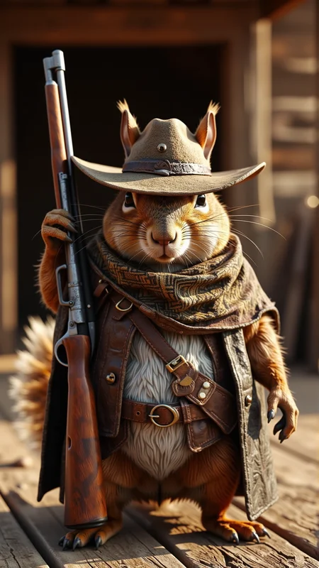 Anthropomorphic squirrel standing in a dramatic pose, dressed as a seasoned bounty hunter in the Wild West. The squirrel wears a torn leather duster, a patterned poncho, and a worn cowboy hat with a bullet hole in the brim. It grips a lever-action rifle, its barrel glinting in the evening sun. The background features an abandoned saloon, with warm desert lighting and long shadows cast across the wooden planks. Highly detailed, realistic textures, western theme, cowboy, gunslinger, rifle, rugged aesthetic.
<lora:ral-anthropomorphic-flux:1>