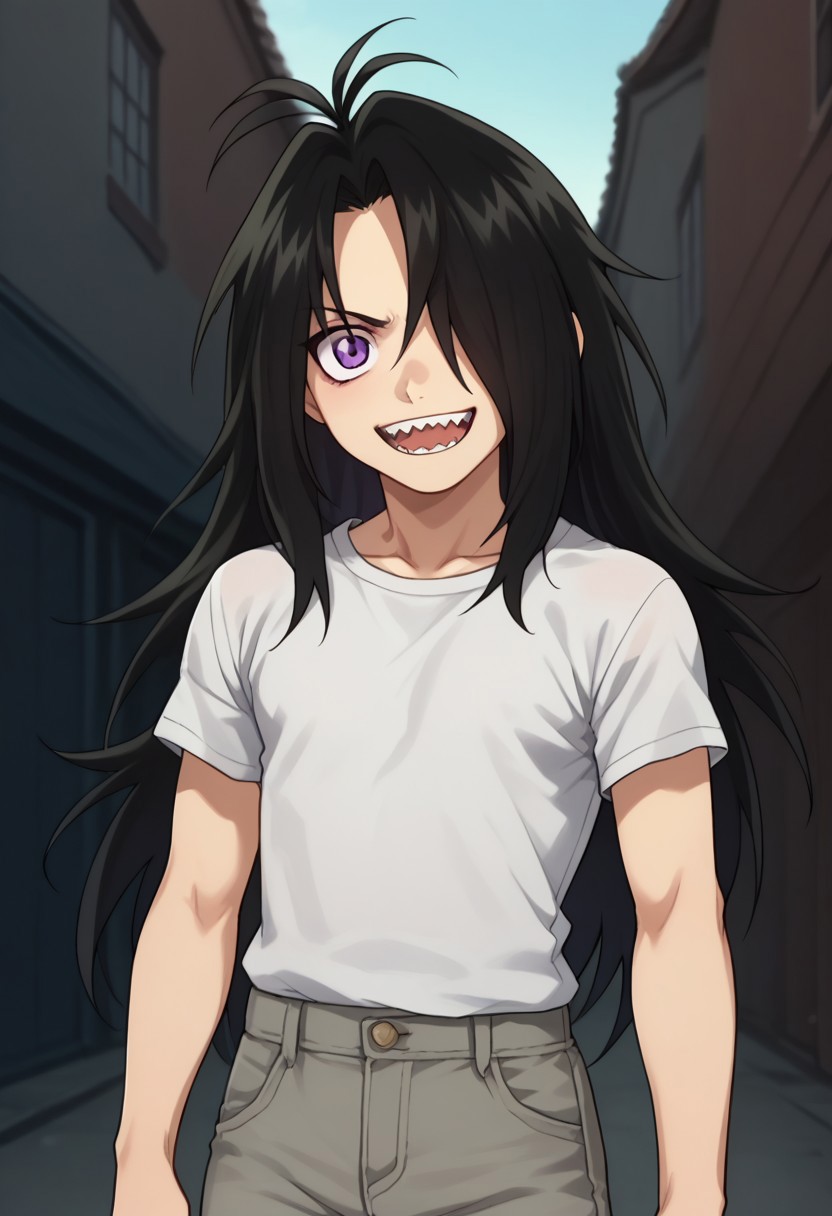 score_9, score_8_up, score_7_up, source_anime, highly detailed, 
wrath_fma, solo, long hair, black hair, open mouth, 1boy, male focus, t-shirt, black t-shirt, pants,  grey pants, sharp teeth, smile, hair over one eye, antenna hair,slender, skinny, cute, purple eyes,
outdoor,