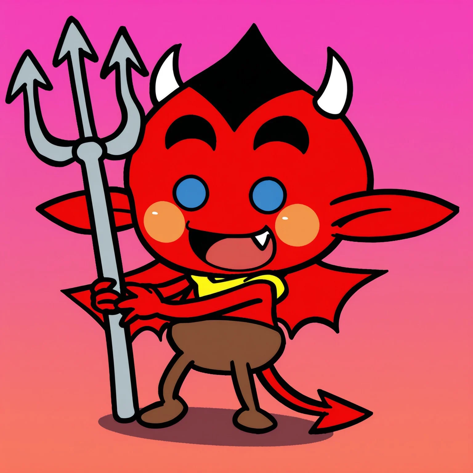 r3d_WW, red skin, imp, no nose, pointy ears, blue eyes, solid circle eyes, black eyebrows, black hair, blush stickers, masterpiece, absurdres, amazing quality, ultra-detailed, solo, 1boy, no humans, smile, open mouth, tongue, fang, happy, holding weapon, holding trident, wings, demon tail, hands up, two-handed, yellow neckwear, yellow neckerchief, brown pants, tights, standing, legs apart, full body,
BREAK
simple background, gradient background, shadow,