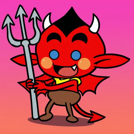 r3d_WW, red skin, imp, no nose, pointy ears, blue eyes, solid circle eyes, black eyebrows, black hair, blush stickers, masterpiece, absurdres, amazing quality, ultra-detailed, solo, 1boy, no humans, smile, open mouth, tongue, fang, happy, holding weapon, holding trident, wings, demon tail, hands up, two-handed, yellow neckwear, yellow neckerchief, brown pants, tights, standing, legs apart, full body,
BREAK
simple background, gradient background, shadow,