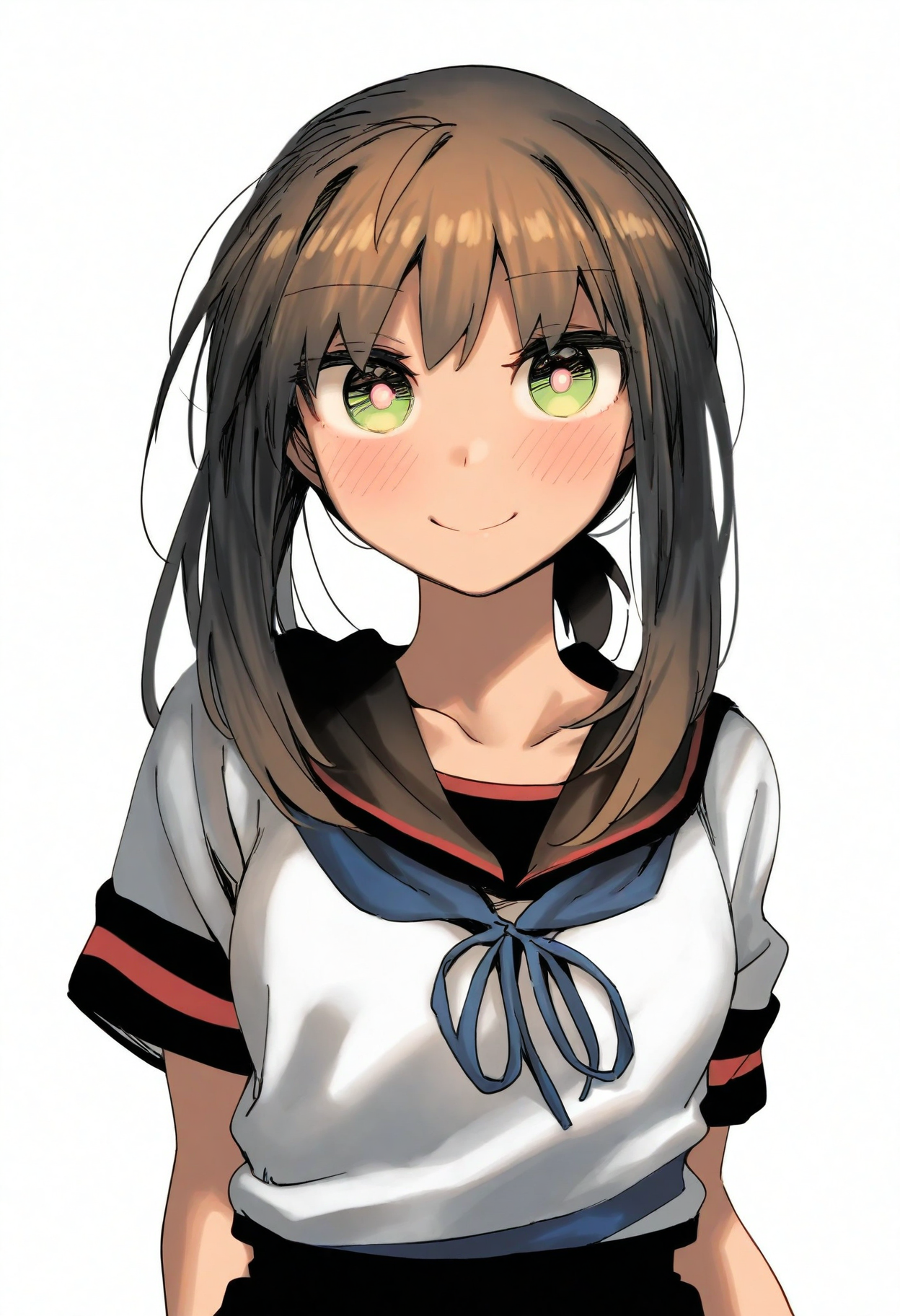high definition, amazing quality, very aesthetic, best quality, masterpiece, highres, simple background, white background, 
<lora:erugotto_style_NoobAI_v2:1> erugotto, 
1girl, solo, looking at viewer, upper body, fubuki \(kancolle\), smile, serafuku,