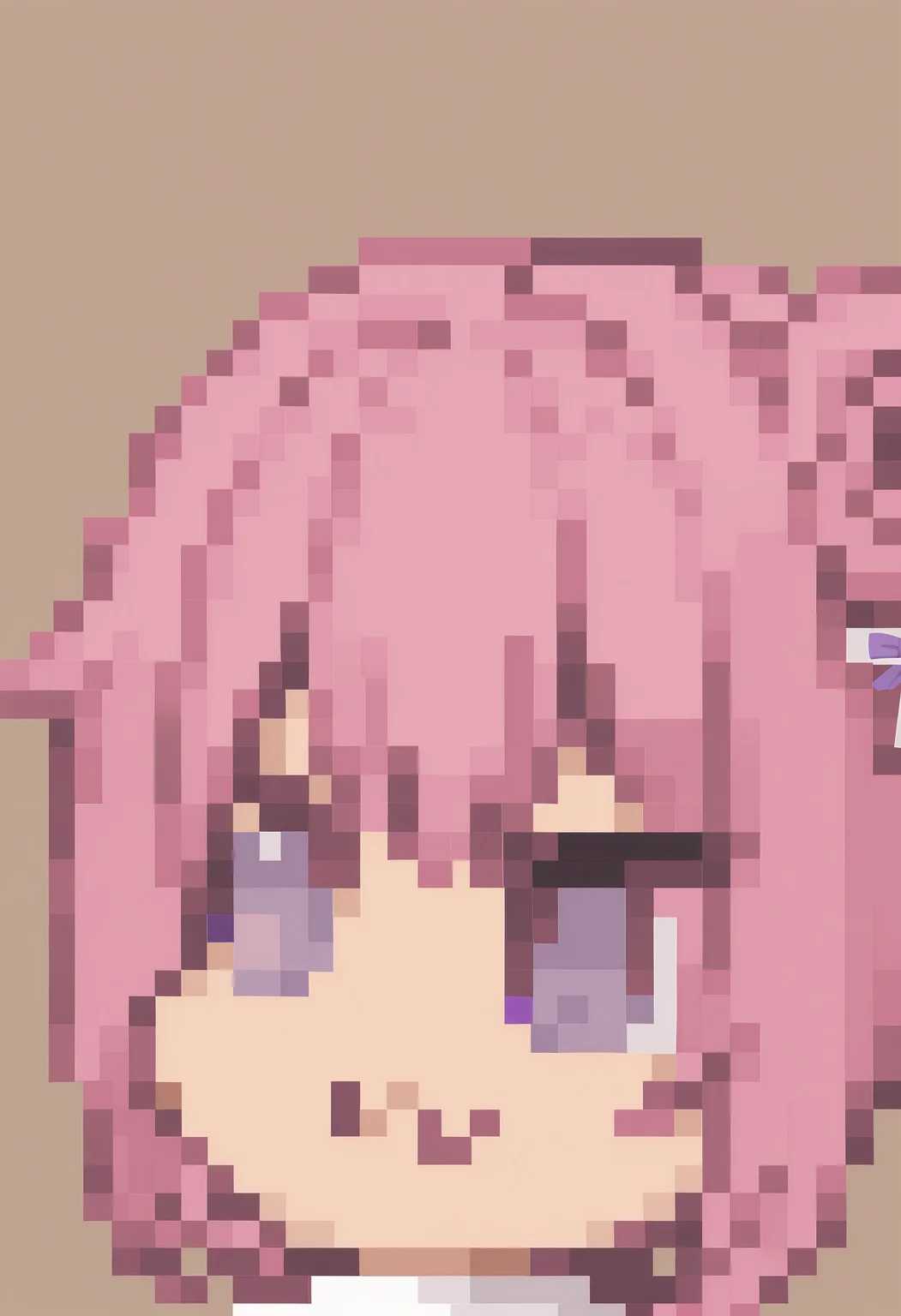 masterpiece, best quality, solo, 1girl, looking at viewer, <lora:FFT-Portraits-illus_Fp:1>, pixel art, portrait, simple background, <lora:doro_xypher_ixl_v1:1>, doro, :3, chibi, no pupils, solid circle eyes, white skin, dorothy \(nikke\), pink hair, purple eyes, single side bun, hair bow, purple ribbon