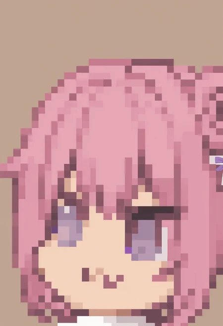 masterpiece, best quality, solo, 1girl, looking at viewer, <lora:FFT-Portraits-illus_Fp:1>, pixel art, portrait, simple background, <lora:doro_xypher_ixl_v1:1>, doro, :3, chibi, no pupils, solid circle eyes, white skin, dorothy \(nikke\), pink hair, purple eyes, single side bun, hair bow, purple ribbon