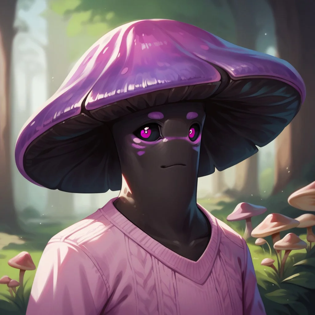 (((detailed, beautiful, high quality))), score_9, score_8_up, score_7_up, upper body,
myconid, anthro mushroom, mushroom cap, black sclera,
1male, purple hat, black skin, pink eyes, pink sweater,
looking at the viewer, posing, blurred background, blurred fantasy background,