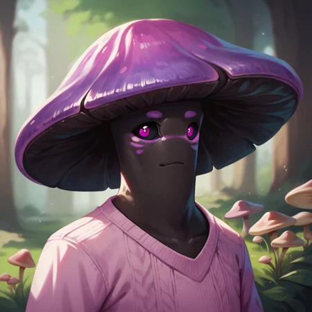 (((detailed, beautiful, high quality))), score_9, score_8_up, score_7_up, upper body,
myconid, anthro mushroom, mushroom cap, black sclera,
1male, purple hat, black skin, pink eyes, pink sweater,
looking at the viewer, posing, blurred background, blurred fantasy background,
