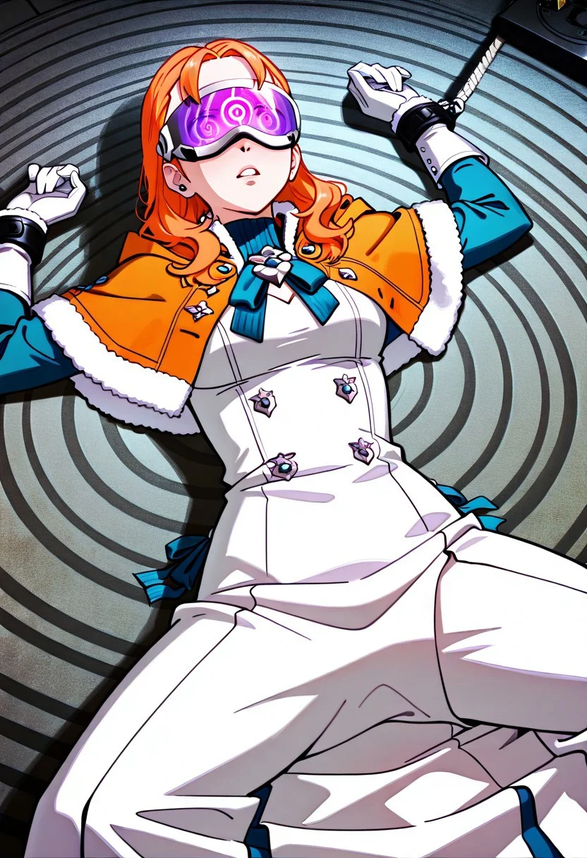 Annette being hypnotized,
score_9, anime, 1girl, lewd, smooth,
mind control, hypnosis, mind control visor, large spiral, spiral on headset display, vsnz headset,
sprawled, bound, bdsm, restrained, spread legs, cuffs, on back,
warAnne, orange hair, long hair, wavy hair, orange capelet, fur trim, blue ribbon, white dress, long dress, white gloves