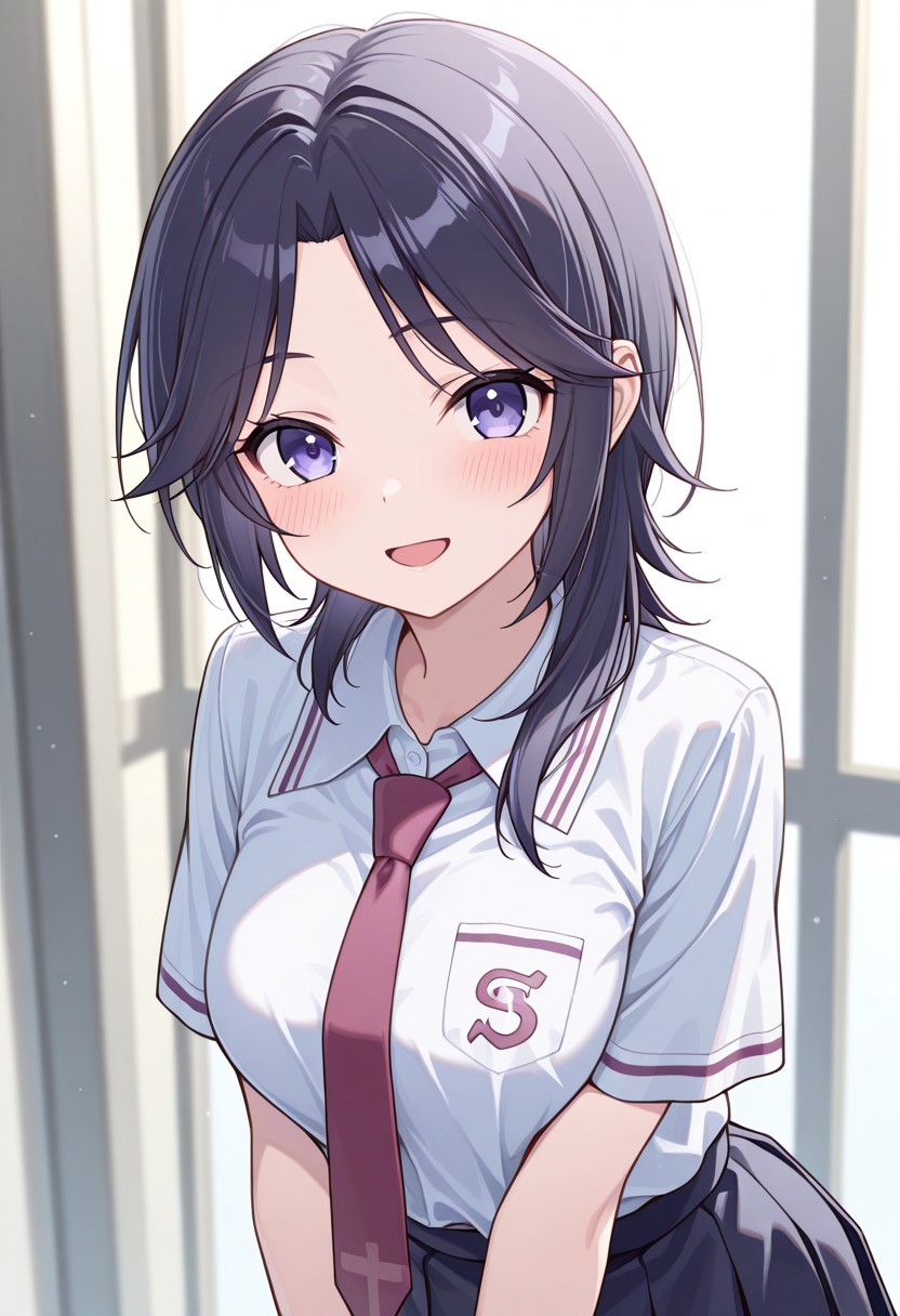 masterpiece, best quality, 32k, high resolution, absurdres, hida shouko, 1girl, solo, looking at viewer, school uniform, smile, blush, open mouth, necktie, shirt