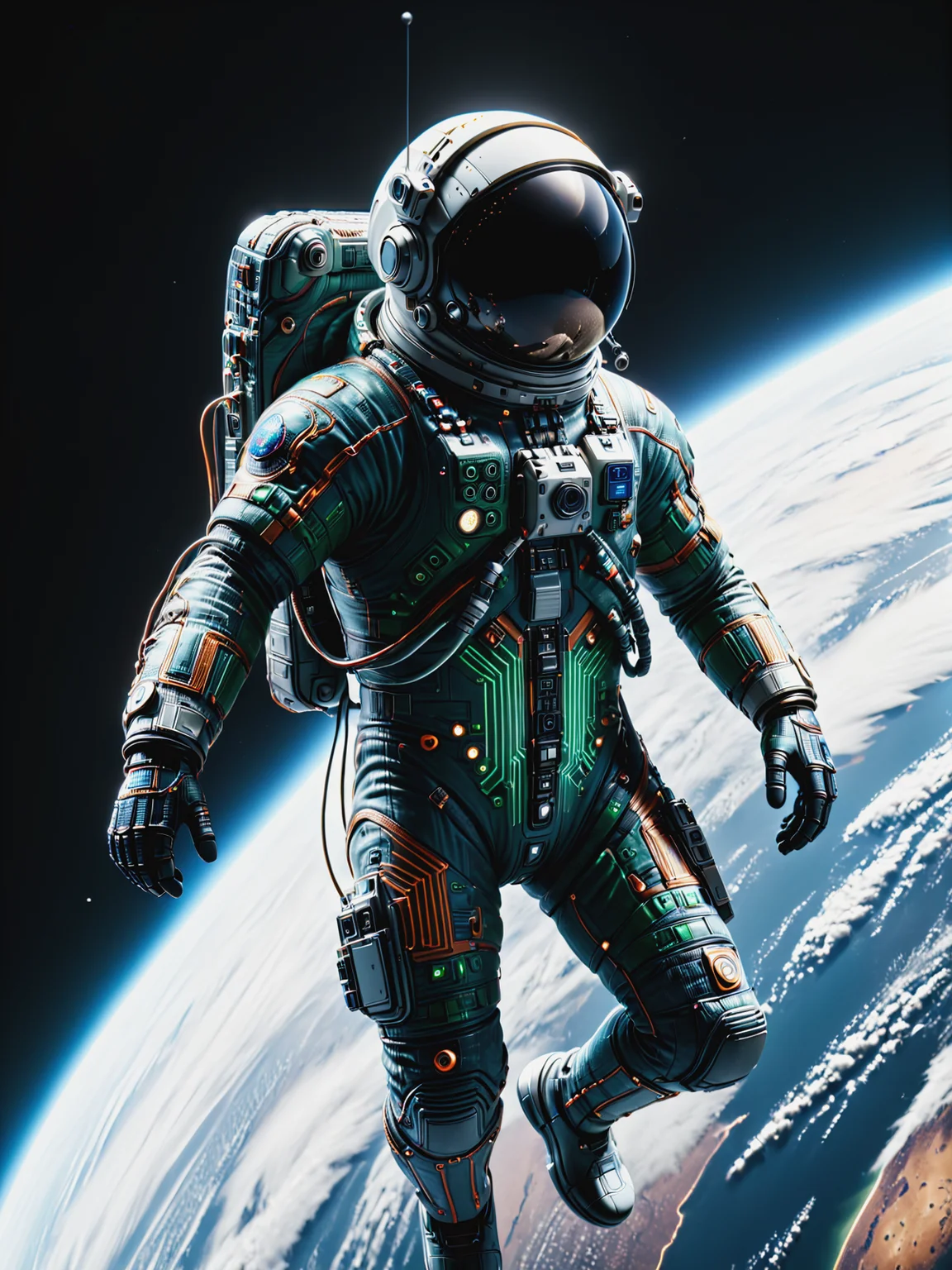 mad-circuit astronaut floating in orbit of earth, cinematic shot, detailed illustration, cinematic shot <lora:Coloruful_Circuit_SDXL_v2:1>