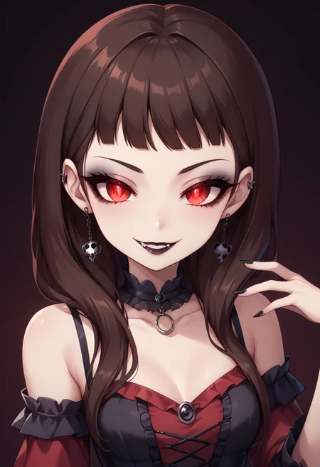 score_9, score_8_up, score_7_up, score_6_up, (haaru),concept art, digital artwork, highly detailed, sharp focus, portrait, ichinosep5s, long hair, brown hair, blunt bangs, <lora:princess_xl_v2:0.3>, <lora:VampirePonyLora:0.9> vampire, red eyes, glowing eyes, fangs, <lora:Gothic:1>, GothicC, makeup, black lipstick, mascara, black nails, gothic dress, black dress, red dress, covered shoulders, fishnet, half closed eyes, smug, evil smile, dark background
