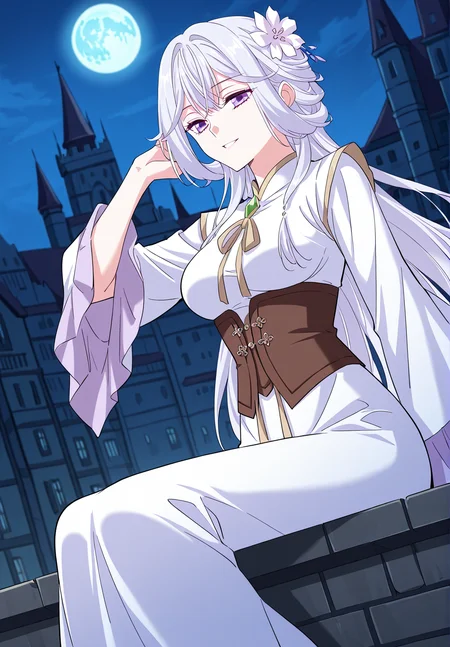 <lora:Chu_Qingcheng__Demon_Emperor__Illustrious:1>
1 girl, solo, long hair, white hair, layered hairstyle, side-swept bangs, flower hair ornament, hair flower, purple eyes,
chinese clothes, white long dress, gold-trimmed dress, brown corset, emerald gem, gem brooch, front bow, long sleeves
score_9, score_8_up, score_7_up, very aesthetic, source_anime, detailed, high quality, beautiful, masterpiece, detailed eyes, castle, village, blurry background, cityscape, pose dynamic angle, light smile, open mouth, hand on hair, sitting, night, blue moon,