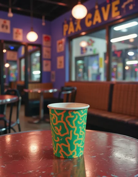 retr0grade90s A paper cup sitting on a table, photo taken inside the roller skating rink.<lora:General Flux\retrograde-90s-000015.safetensors:0.9500000000000001:1.0>