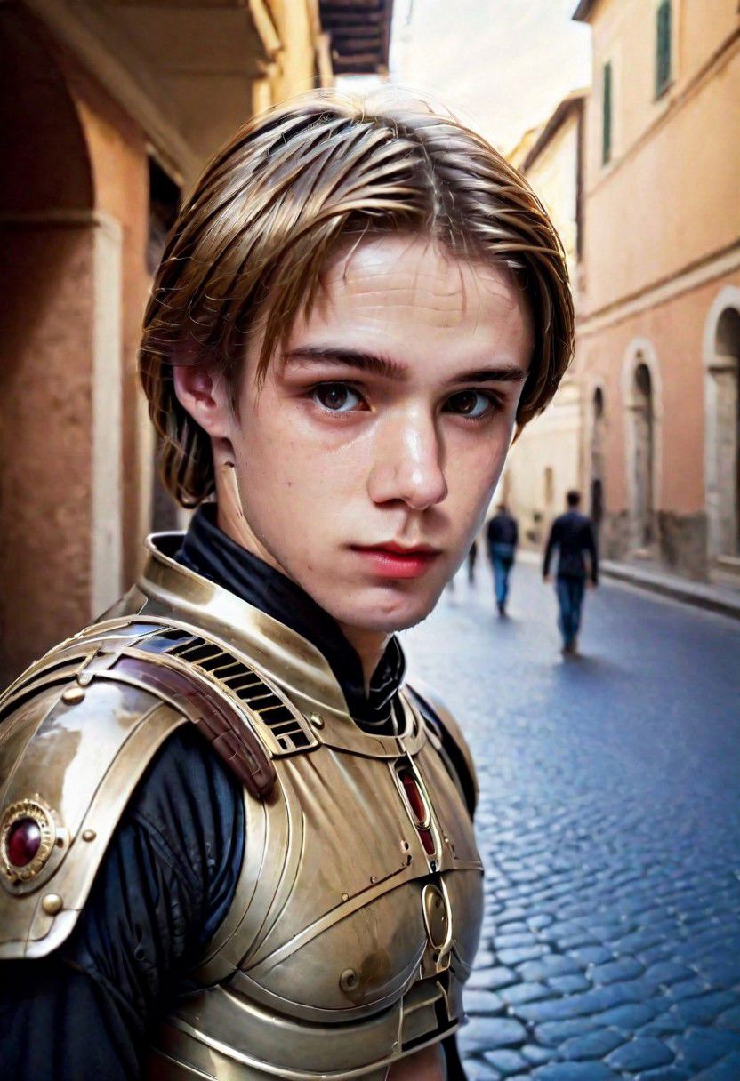 Portrait Photo a portrait, natural and hyperdetailed photography, a  man 18-20 years old of Rome, armor star wars 
in street in city, realistic dark blonde hair, very detailed Clothes, (precise image:1.4) , pale skin,(many details in background)(cinematic ambient:1.4)