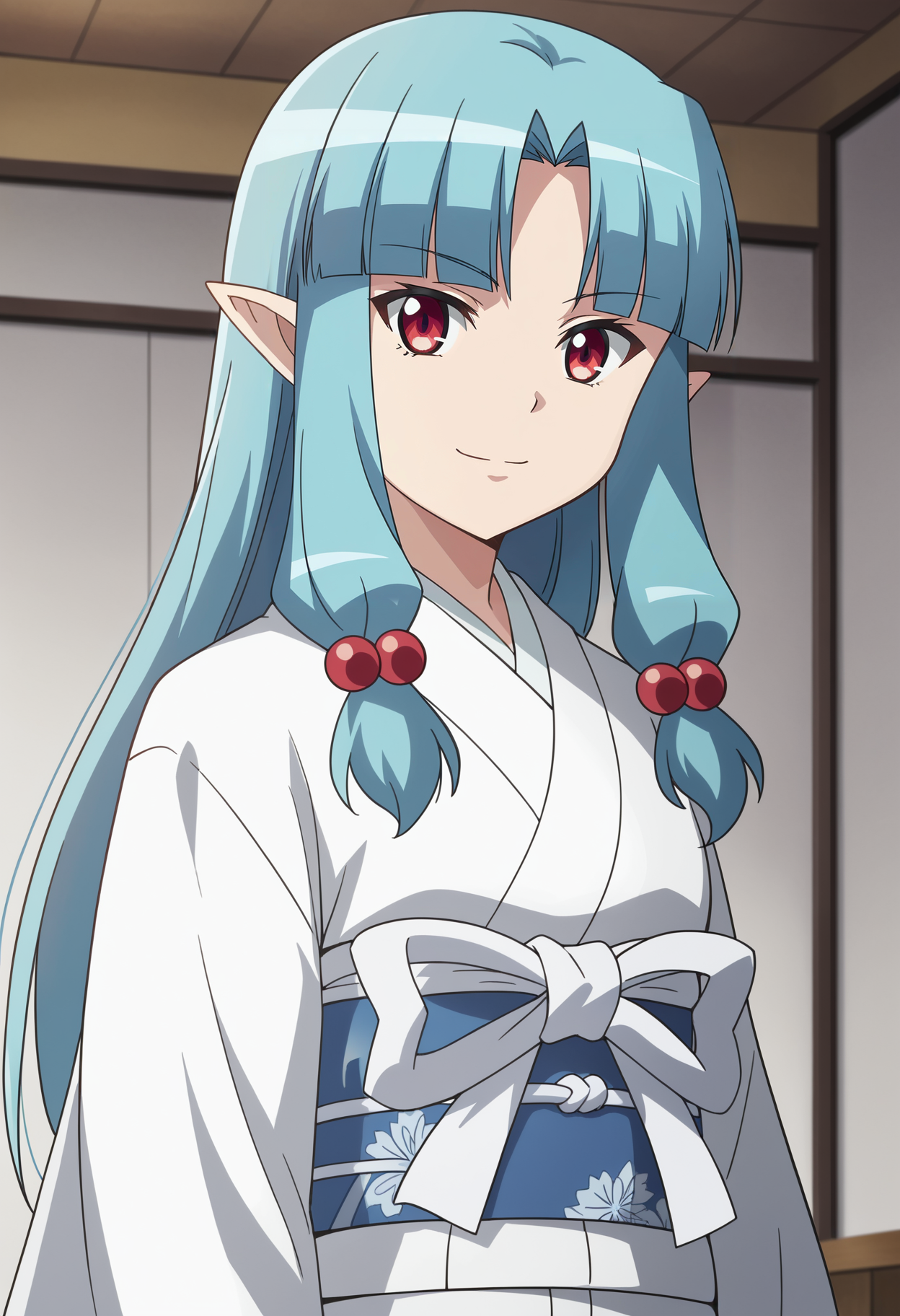 <lora:Kiriha_Obina-Tsugumomo:0.8>,1girl,solo,Kiriha Obina,pointy ears,long hair,blue hair,red eyes,bangs,anime coloring,hair ornament,hair bobbles,white kimono,sash,obi,upper body, looking at viewer, smile,indoors