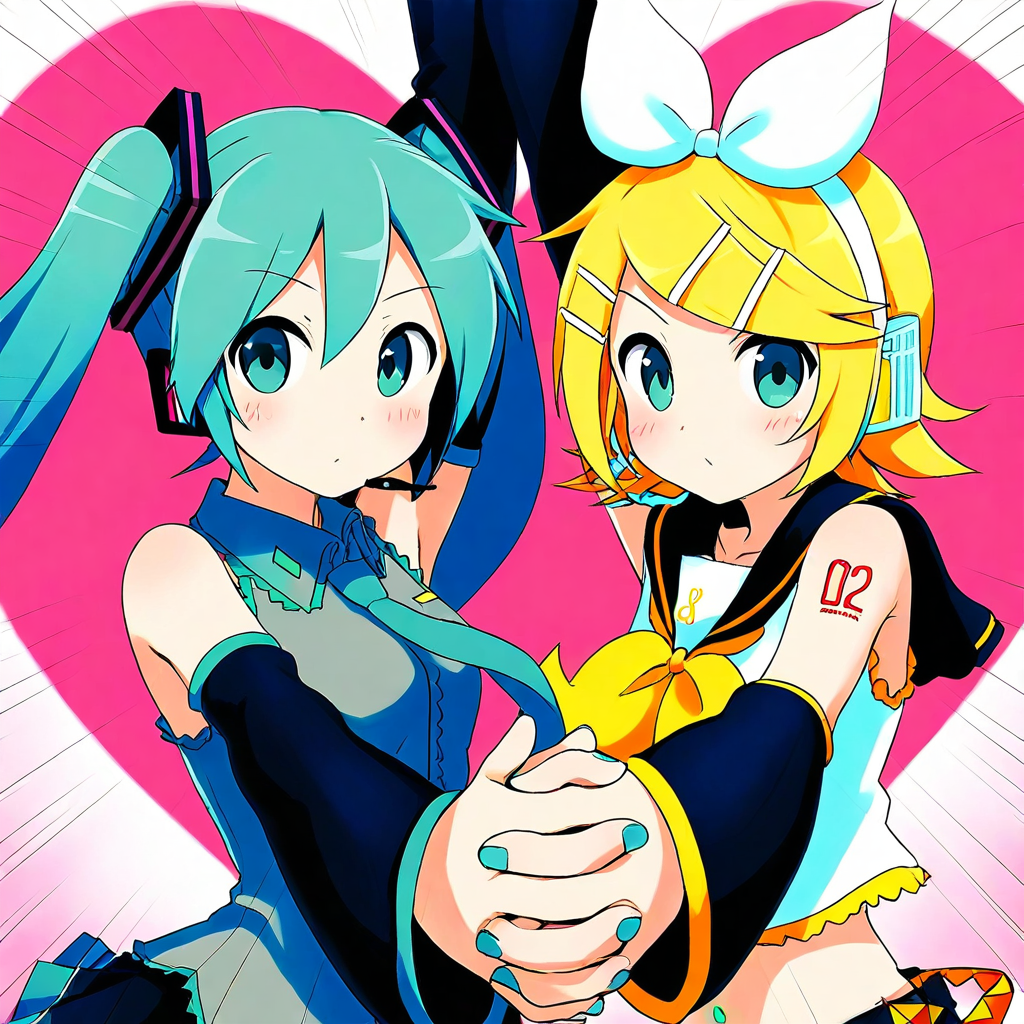 masterpiece, best quality, absurdres, 2girls, yuri,  Hatsune Miku, kagamine rin, SLLT, holding hands, interlocked fingers, arm up, looking at viewer, heart (symbol), emphasis lines, upper body
