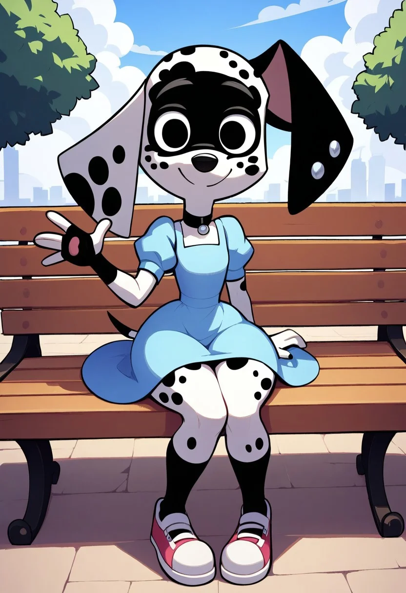(score_9 | score_8_up | score_7_up)
((masterpiece:1))(best quality,very high quality,ultra detailed:1.2)
(2D,anime style:1)(lora:add-detail-xl:1)(Smooth:2)(clean blurring)
(four fingers on each hand,one thumb on each hand:1)
(detailed hands:1)(extra detailed,realistic eyes)
(solo,alone,one character)(anatomically correct)
(detailed face and eyes:1)(precise face and eyes:1)
|
(city,park background,outdoors,sunlight)
(front view,full body view)(sitting,on wooden bench:1)
(cute expression,looking at viewer,smile,closed mouth)
(waving one hand)
|
(Dizzy)(shortstack,slim body,petite:1)
(anthro,Dog,dalmatian)(white and black fur,black spots)
(thin tail,large ears,black eyes)
(flat chest)(k9 ears,animal ears,thin tail,dog tail)
(thin arms,skinny waist,narrow waist,skinny thighs,skinny legs:1)
(blue collar)(pink sundress,puffy sleeves,socks,shoes)