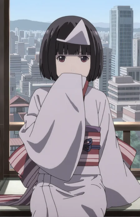 NoraMizu. 1girl, black hair, short hair, bangs, triangular headpiece, japanese clothes, white kimono, obi, sash, long sleeves, face focus, looking at viewer, front view, japanese city, urban, sitting, covering mouth, smile