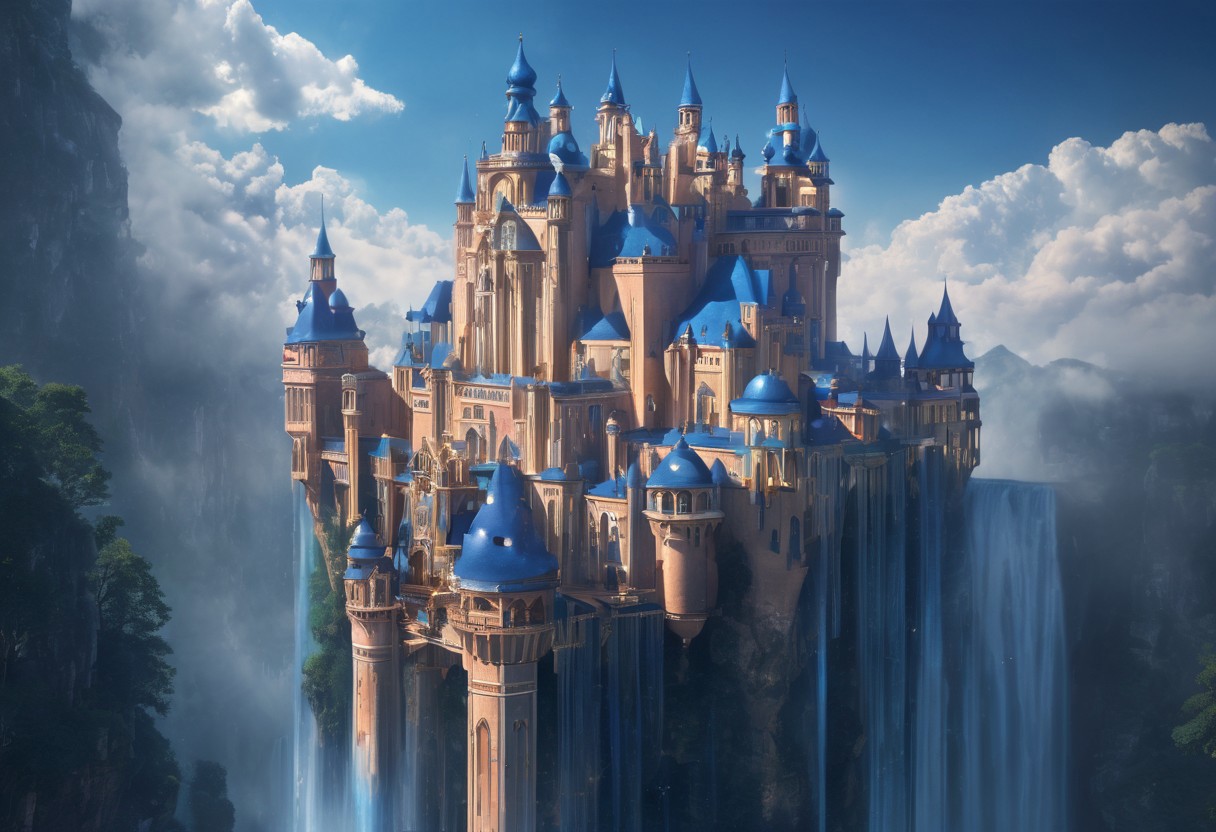a floating castle in the air, a waterfall flows from the castle to the ground, epic composition, detailed, parts of the castle are made of deep blue crystal, intricate, flying cloud castle, palace floating in the sky, fantasy matte photo, castle in the clouds,  high fantasy matte photo, fantasy matte photo, matte fantasy photo, dreamy matte photo, castles floating in mid air, high fantasy castle, fantasy architecture, an immense floating castle
