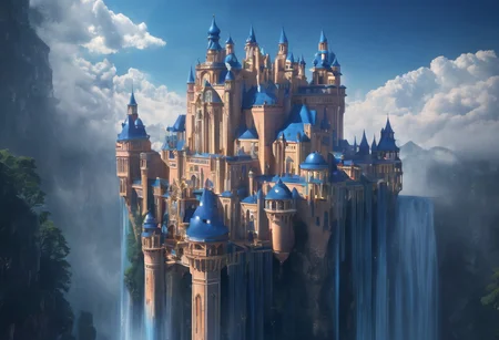 a floating castle in the air, a waterfall flows from the castle to the ground, epic composition, detailed, parts of the castle are made of deep blue crystal, intricate, flying cloud castle, palace floating in the sky, fantasy matte photo, castle in the clouds, high fantasy matte photo, fantasy matte photo, matte fantasy photo, dreamy matte photo, castles floating in mid air, high fantasy castle, fantasy architecture, an immense floating castle