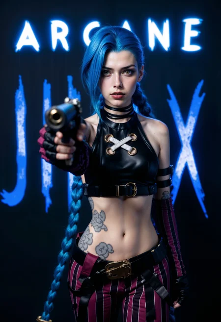JinxA, a portrait-style photograph featuring JinxA, standing against a backdrop with the text 'ARCANE' and 'JINX' in bold, stylized glowing letters on a dark blue background. The subject is a girl with light skin and striking blue hair styled in a dramatic, swept-back fashion. She are wearing a black leather crop top with a distinctive cross design on the chest, revealing a tattoo on their abdomen. The outfit includes maroon pants with white vertical stripes and a large belt with a metallic buckle. The girl is holding a gun, pointing it towards the camera, and wearing fingerless gloves. Her makeup is bold, with dark lipstick and eye makeup that accentuates her features, <lora:FluxJinxV2:1> <lora:FluxMythP0rtr4itStyle:0.7>